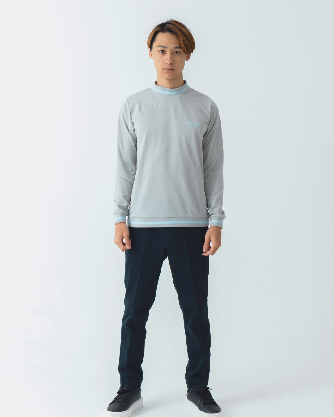 ラインボーダー長袖モックネック