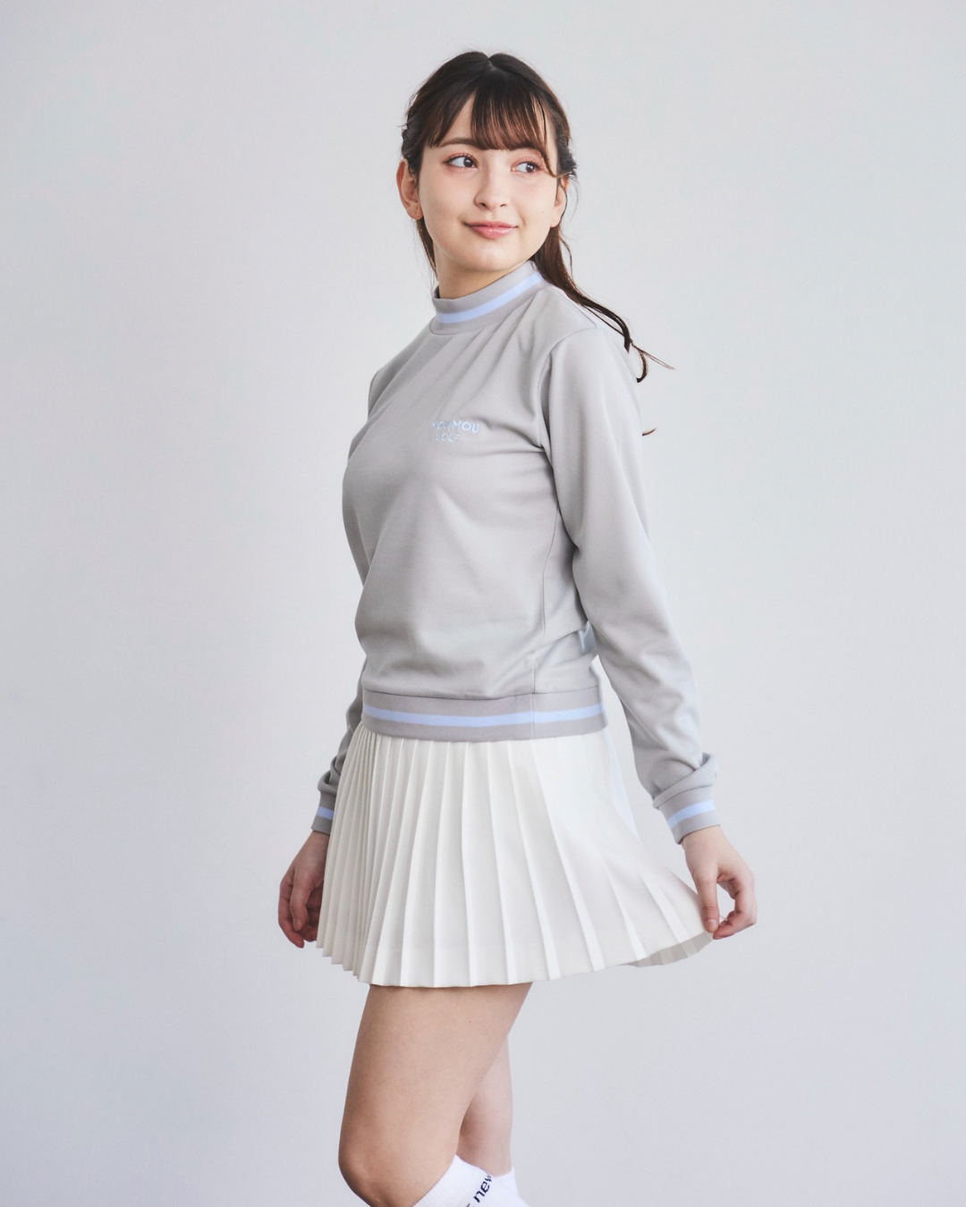 ラインボーダー長袖モックネック