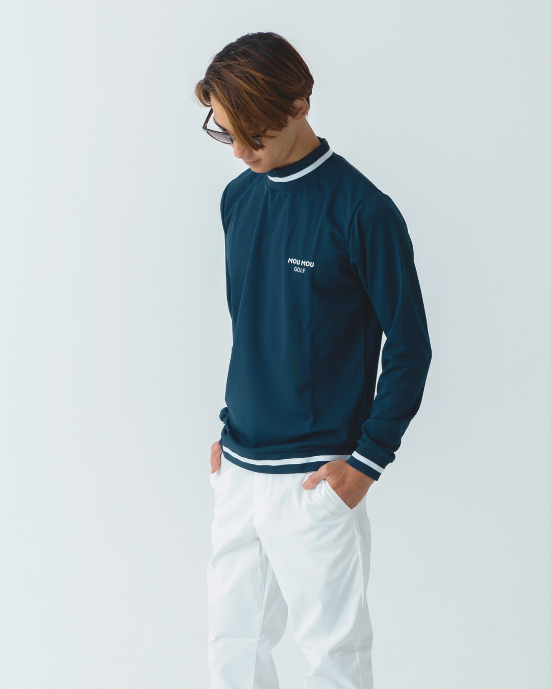 ラインボーダー長袖モックネック