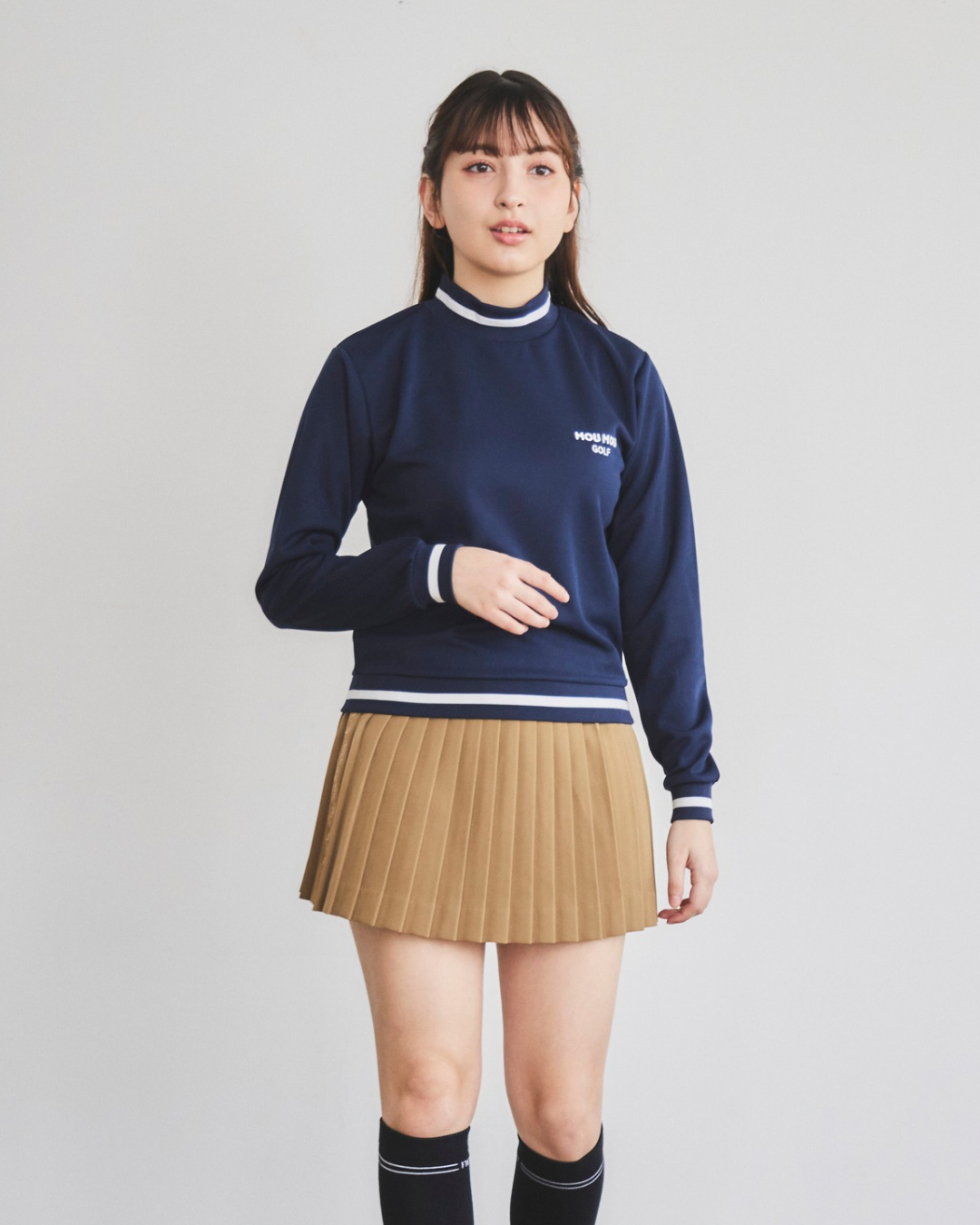 ラインボーダー長袖モックネック