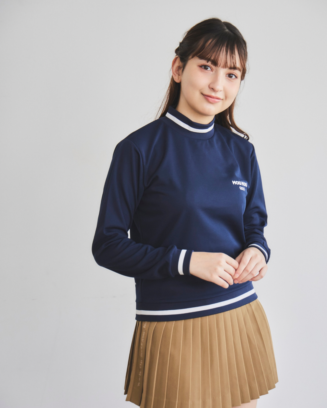 ラインボーダー長袖モックネック